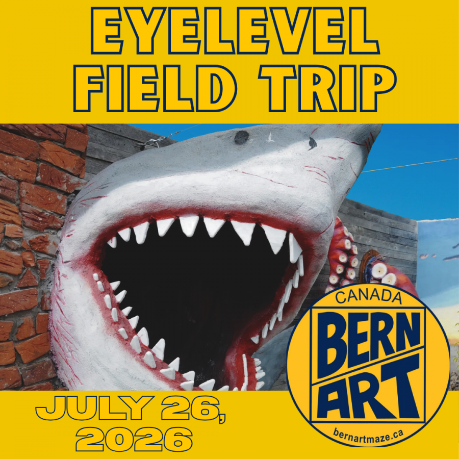 Poster advertising the event. At the top of the image in bold yellow text with a thick black outline in front of a yellow background is written "EYELEVEL FIELD TRIP". At the bottom of the image, in the same style is written "JULY 26, 2026". In the bottom right corner is the circular BernArt Maze logo. In the centre of the image, a photograph of a sculpture of a shark with its mouth open can be seen.